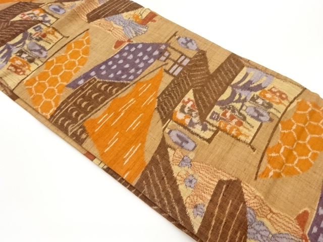 手織り紬家屋模様織出し名古屋帯